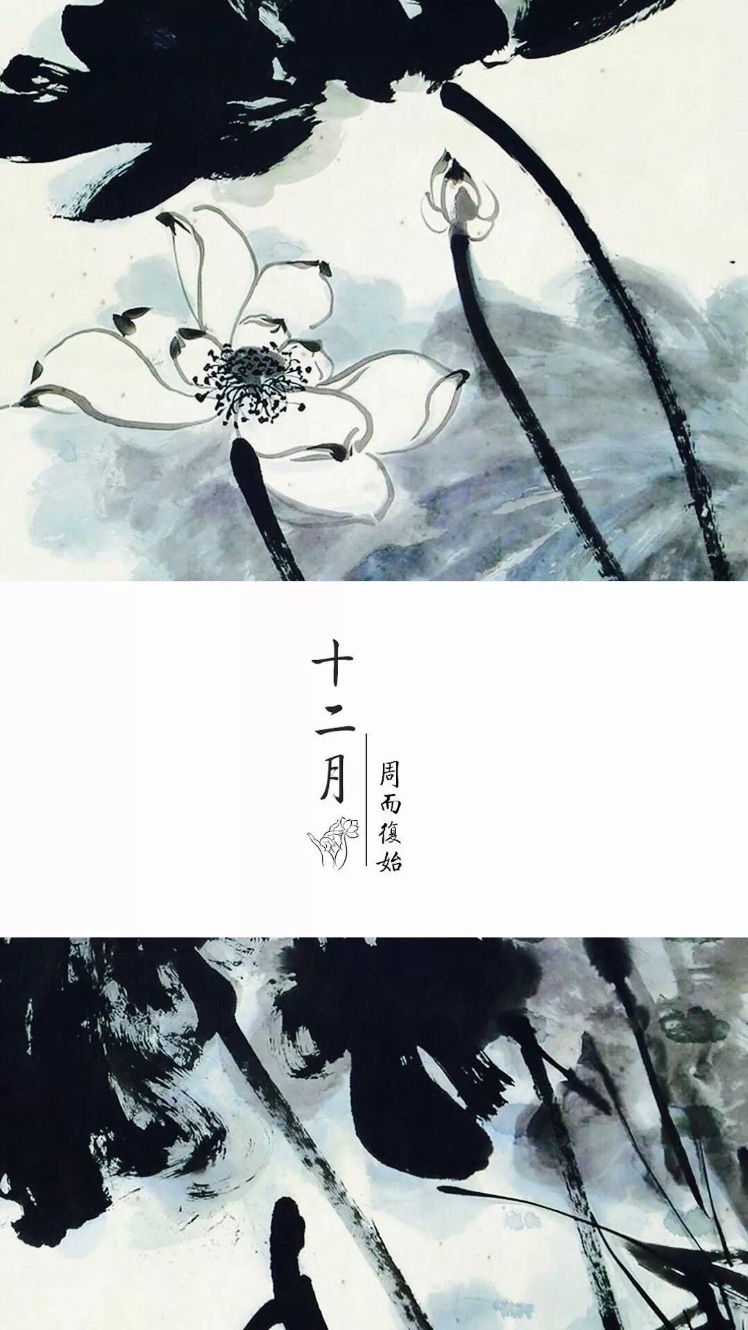 iphone壁纸锁屏中国国风古风十二月荷花水墨画,苹果手机高清壁纸