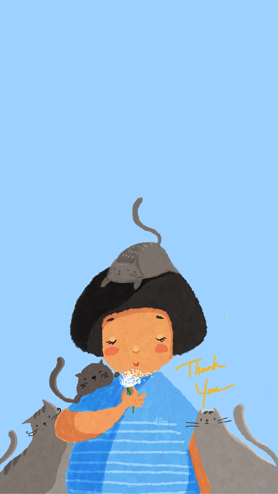 蘑菇头女孩猫咪蓝色手绘插画苹果手机高清壁纸,情侣手机壁纸高清