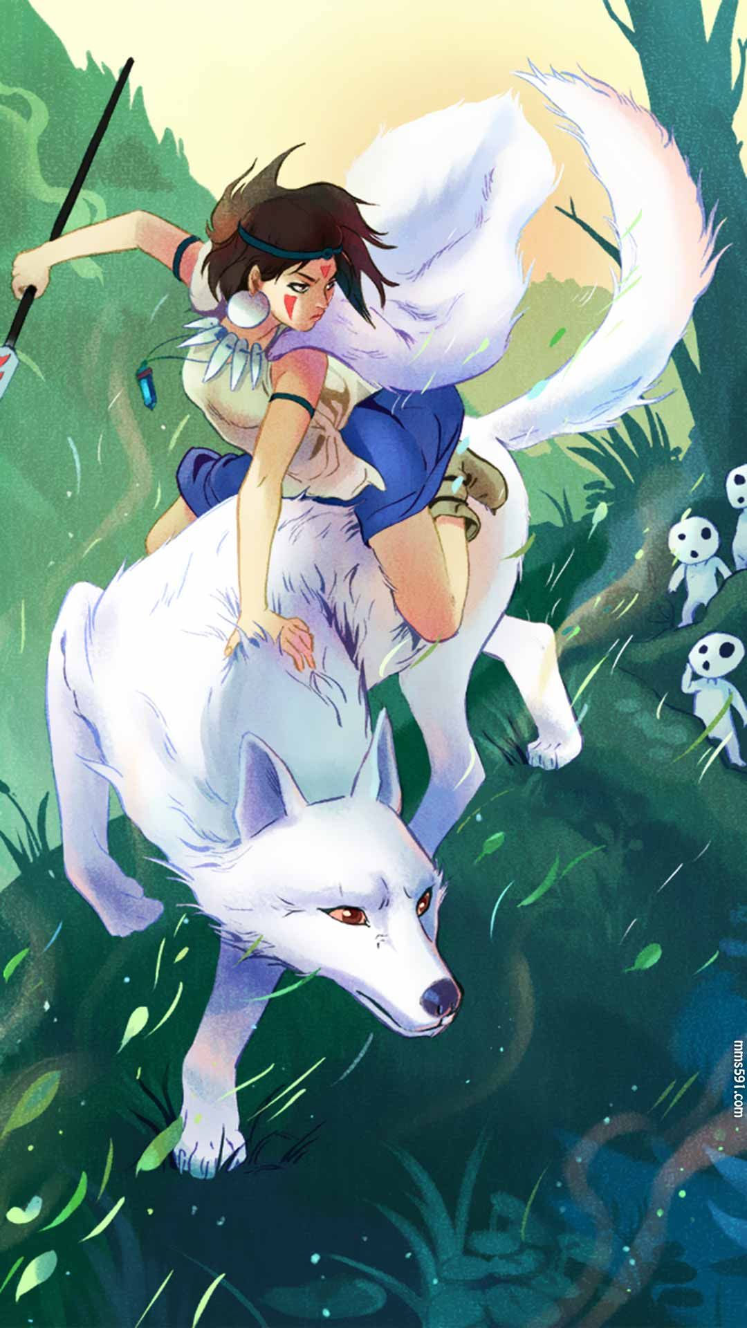 宫崎骏幽灵公主女主角珊san手拿匕首与白狼的手机壁纸图片