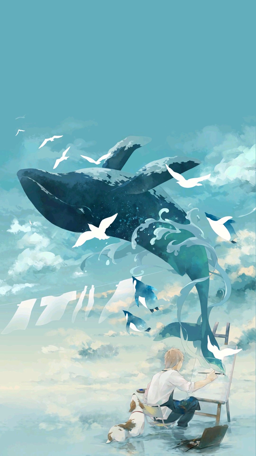 飞跃翻身的鲸鱼唯美手绘,高清图片,手机壁纸